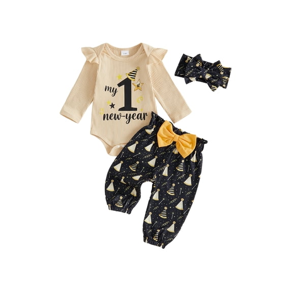 Loicainy Infant Baby Girl New Year Outfit 3 6 12 18 Months Lone Sleeve Ribbed Romper Jogger Pants Headband Clothes Set