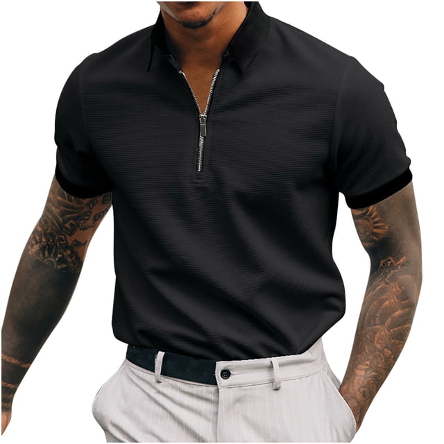 Dvkptbk Men Casual Solid Turndown Pullover Patchwork Zipper Short Sleeve Blouse