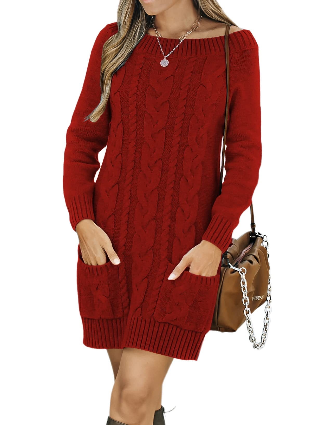 Asyoly Women Off Shoulder Knit Sweater Dresses Long Sleeve Bodycon Pullover Jumper With Pocket