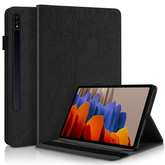 Dteck Samsung Galaxy Tab S8/S7 Case 11 Inch (SM-X700/X706/T870/T875/T878), PU Leather Folding Stand Cover with Built-in S Pen Holder, Multiple Angle Embossed Cover with Cards Pocket,Black
