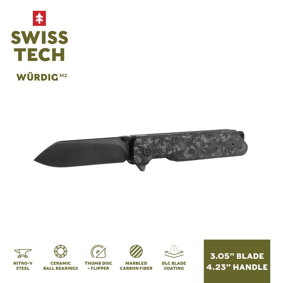 Swiss Tech Wurdig M2 Folding Knife with 14C28N Blade & Carbon Fiber Handle, Black