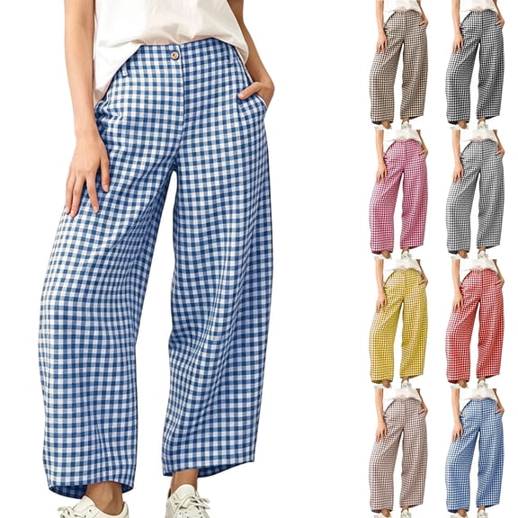 Admvng Women's Plaid Pants Casual Wide Leg Checkered Long Trousers with Pockets