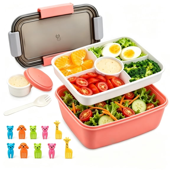 Hima Shilajatun 68 oz Salad Lunch Containers, Salad Bowl with 4-Compartment Tray, Dressing Container, Built-in Reusable Fork, Food Picks, Pink