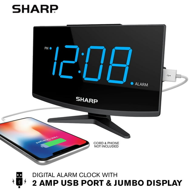 Reloj despertador digital SHARP con pantalla grande, carga rápida, 2 amperios, USB, diseño moderno, pantalla LED azul digital