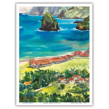 Kalaupapa - Hawaiian Island Molokai - Father Damien Leper Settlement - From an Original Hawaii Watercolor Painting by Peggy Chun - Master Art Print (Unframed) 9in x 12in