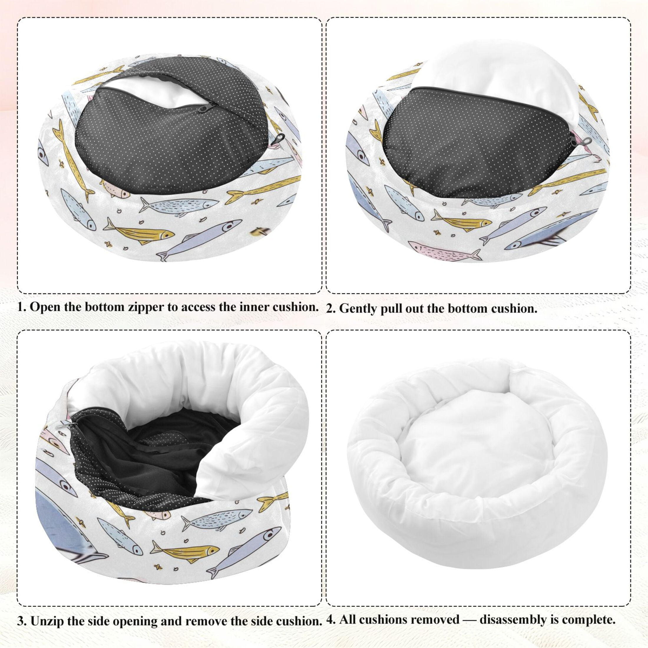 Iauyy Pet Couch Donut Cat Bed for Indoor Cats/Small Dogs Washable & Machine with Non-slip Bottom Calming Cat Furniture, Cartoon Sardines (M)