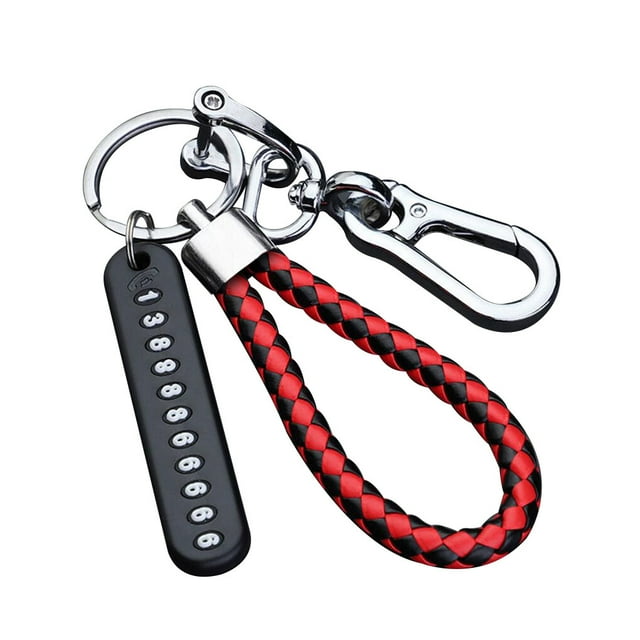 Car Key Keyring Anti-lost Car steel keychain car Phone Number Steel Buckle Keychain with Braided Rope, Black Red Rope, Silver Buckle