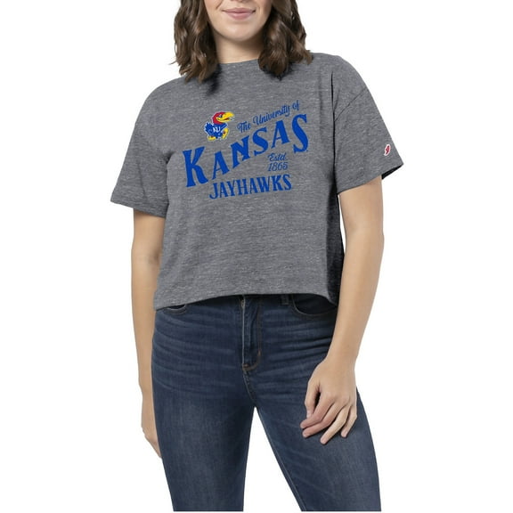Women's Heather Gray Kansas Jayhawks Intramural Midi Tri-Blend Cropped T-Shirt