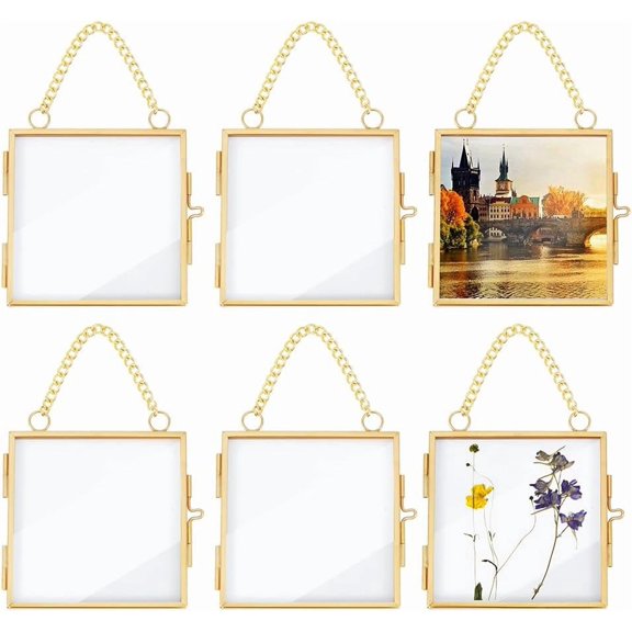 6Pcs Hanging Pressed Flower Alloy Photo Frames Double Glass Floating Frames with Chain for DIY Artwork Display Gallery Wall Decor Square Golden DIY