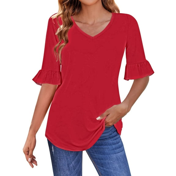 Red Women's Long Sleeve T-shirt, 3/4 Length Sleeves Womens Tops Blouses For Women Casual Tops Trendy Shirts Spring Clothes 2025,Women's Long sleeve T-shirt L
