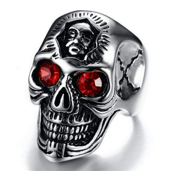 Skeleton Ghost Head Ring with Ruby Eyes Electroplated Alloy Ring Festive Gift Ring Individually Packed Halloween Ring Gothic Ring Skull Ring for Men and Women