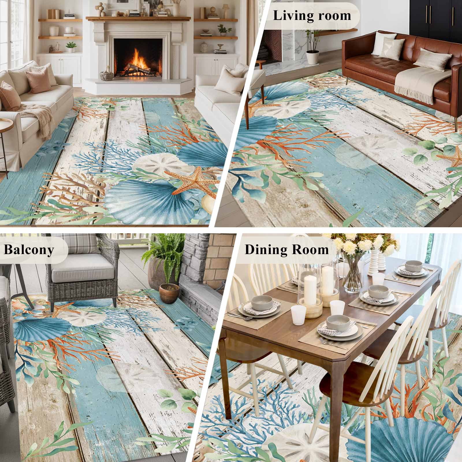 Large Area Rugs for Living Room Bedroom, Teal Brown Beach Coastal 8'x10' Rug Carpet Runner Indoor Outdoor, Summer Nautical Coral Shell Botanical Vintage Non Slip Floor Mats Rug for Kitchen, Patio
