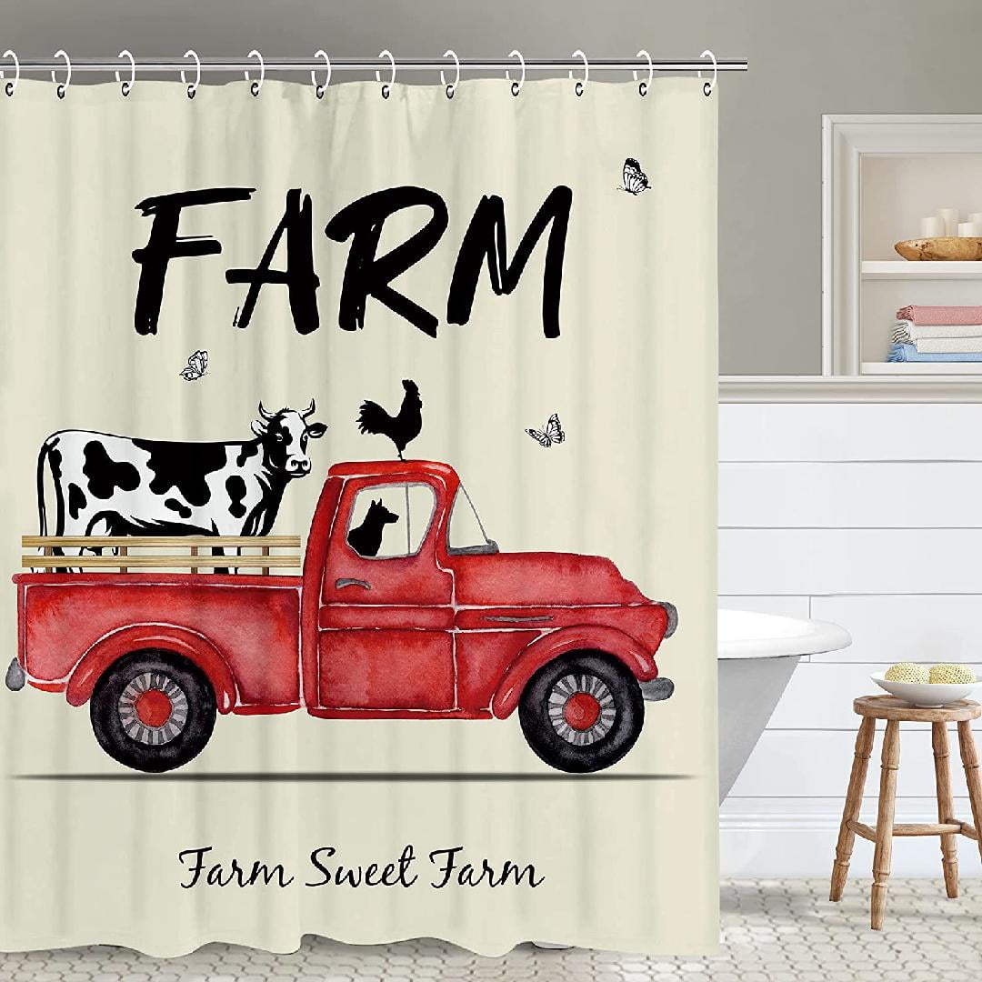 Farm Shower Curtain, Modern Farmhouse Shower Curtain for Bathroom, Cow Woodland Truck Rustic