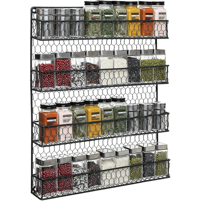 Wall Mount 4 Tier Metal Spice Rack Kitchen Wire Organizer Pantry Cabinet Chicken Hanging Storage Raw Rustic Brown
