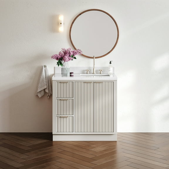 ARIEL Milan 36 Inch Right Offset Single Rectangle Sink Bathroom Vanity with Carrara White Quartz Countertop 1.5 Inch in Warm White