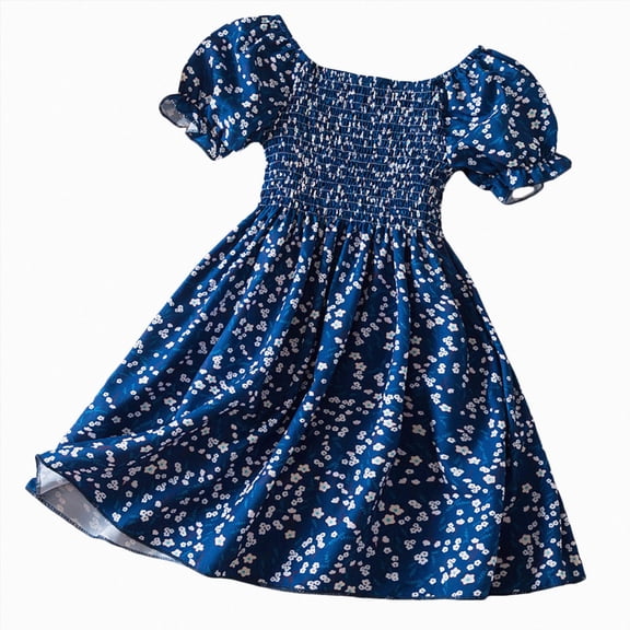 Splozh Toddlers Fashion Dress 1T 2T 3T 4T 5T 6T Teen Kids Girls Flower Print Short Sleeve Trendy Girls Gift Princess Dresses,Navy,1-2 Years