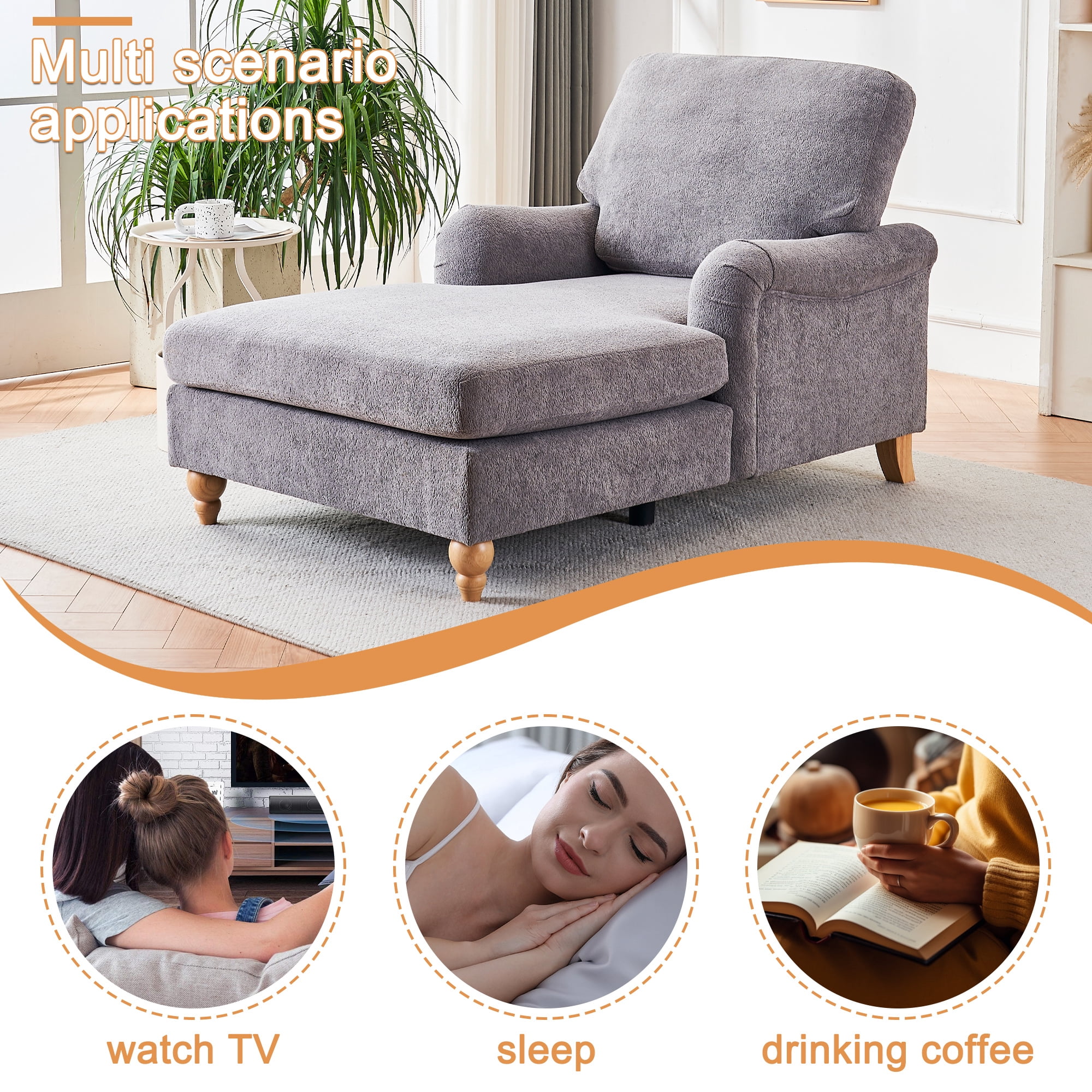 Aukfa Modern Oversized Chaise with Adjustable Backrest, Sleeper Chair Sofa Recliner for Living Room, Gray