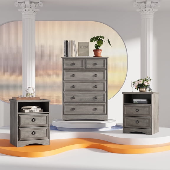 Holliwill Dresser Nightstands Set, 3 Pieces Bedroom Furniture Set, Tall 6 Drawer Dresser and 2pcs Nightstands with Drawers, Grey