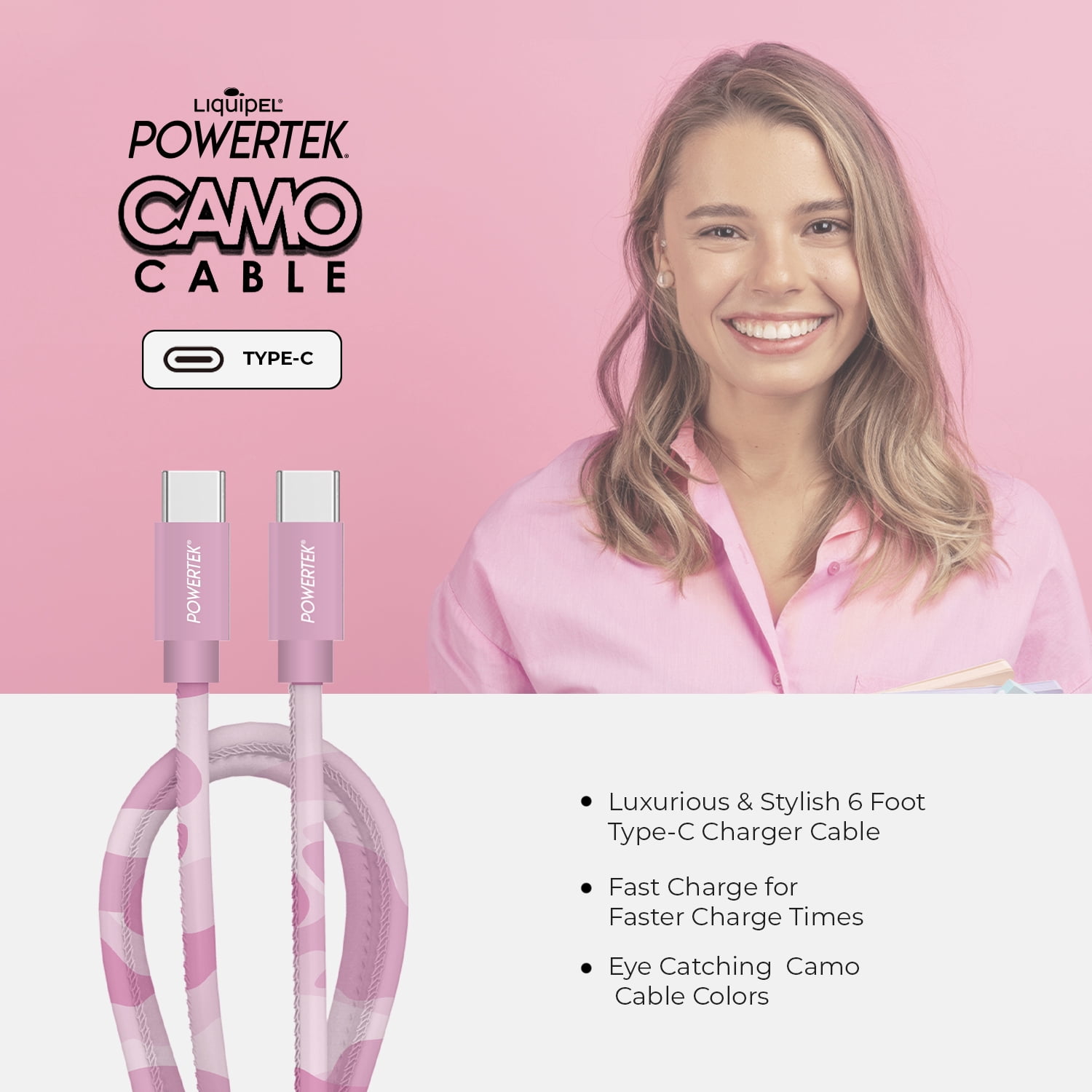 Liquipel Powertek Pastel Camo 6' USB-C to USB-C Cable, Pink