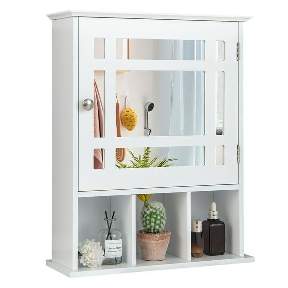 Gymax Mirrored Medicine Cabinet Bathroom Wall Mounted Storage W/Adjustable Shelf White