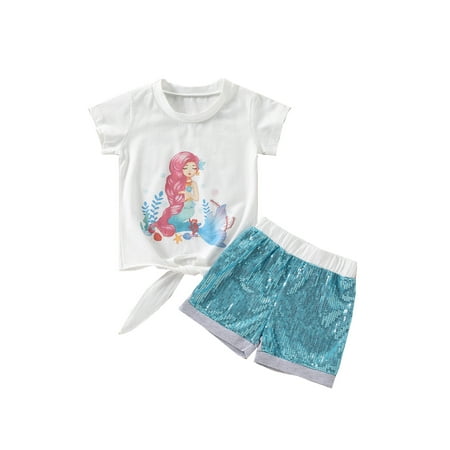 

JYYYBF Kids Girls 2Pcs Outfits Short Sleeve Cartoon Mermaid Print T-shirt Tops and Sequin Shorts Summer Set Baby Clothing