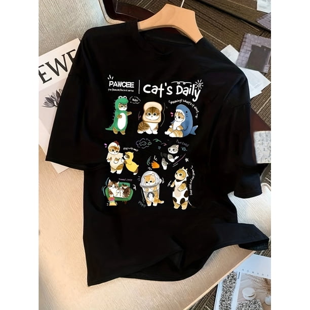 Summer Trendy Retro Street Short-Sleeve T-Shirt with a Cute Kitten Print, Unisex Loose Fit, Perfect for Couples As a Base Layer Top.