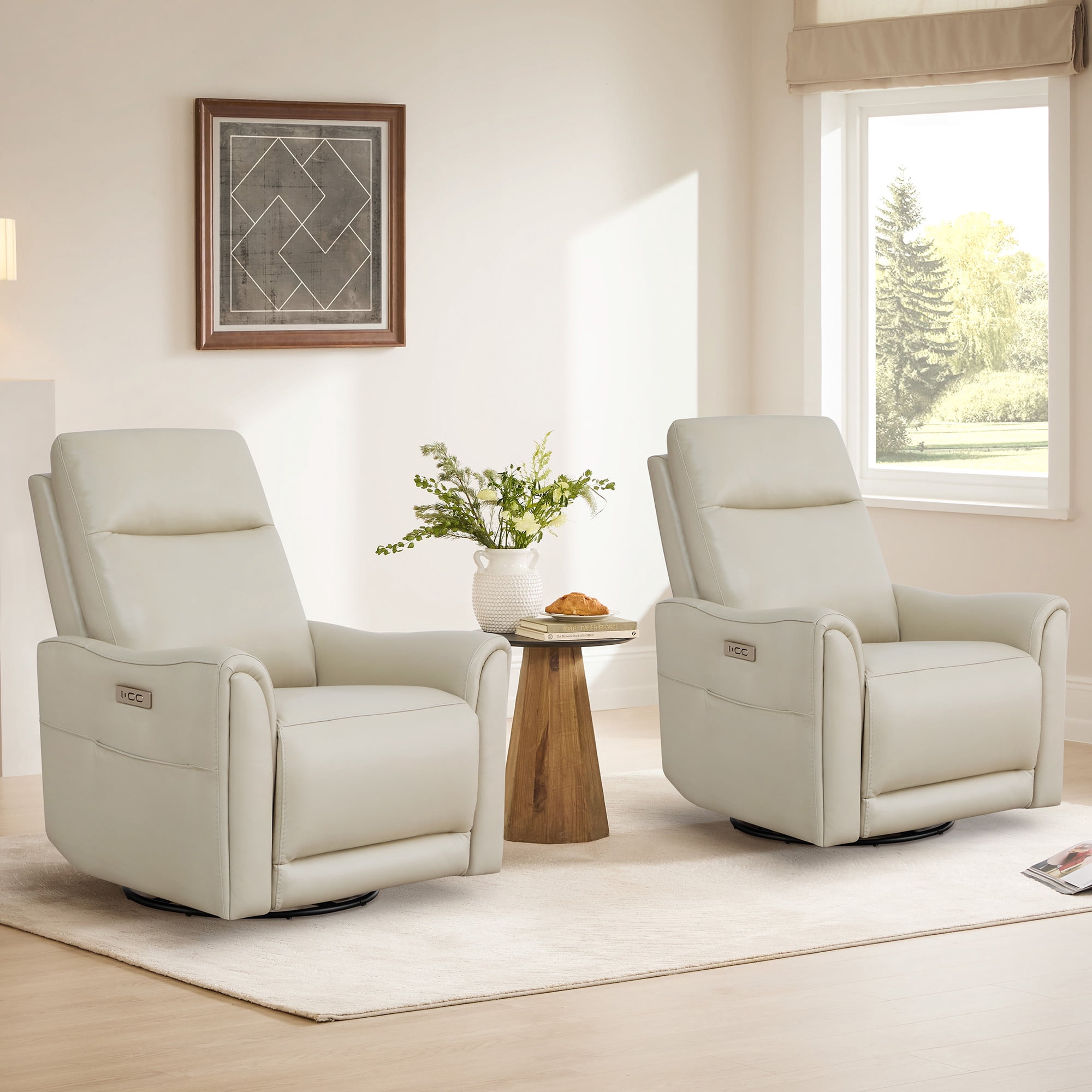 Spruce & Spring Genuine Leather Power Swivel Glider Recliner for Nursery, Light Grey