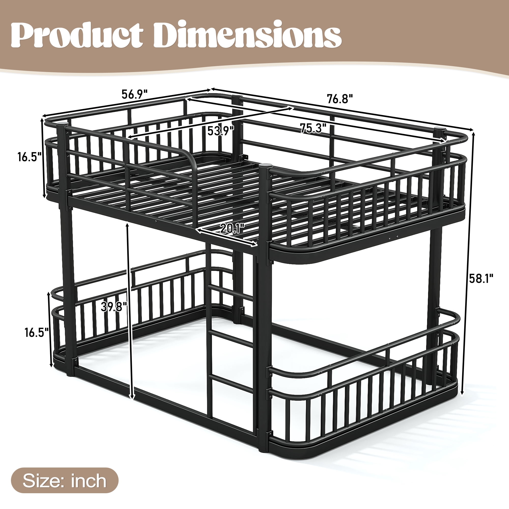 Leumius Full over Full Bunk Bed Frame with Ladders & Guardrails, Upgraded Round-Pipe Metal Frame, Stylish & Versatile for Any Room,Black