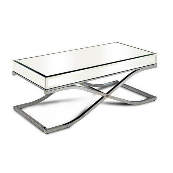 Gavin 48 Inch Coffee Table Mirrored Panels Curved Crossed Frame Chrome - Saltoro Sherpi