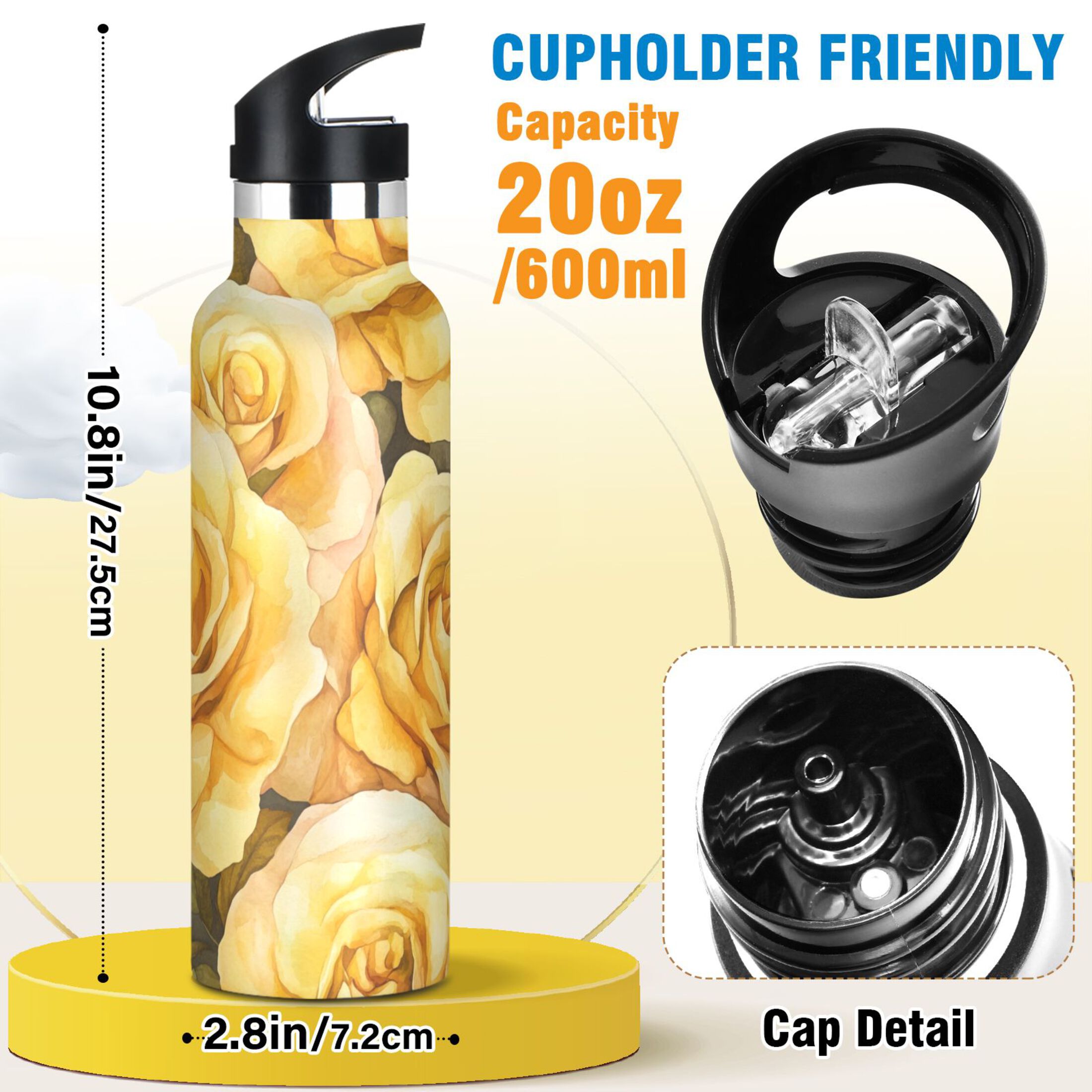600ML Stainless Steel Insulated Cup Sports Water Bottle Portable Thermos Cup Water Glasses Insulated Tumblers Convenient and Durable Gold Roses Seamless