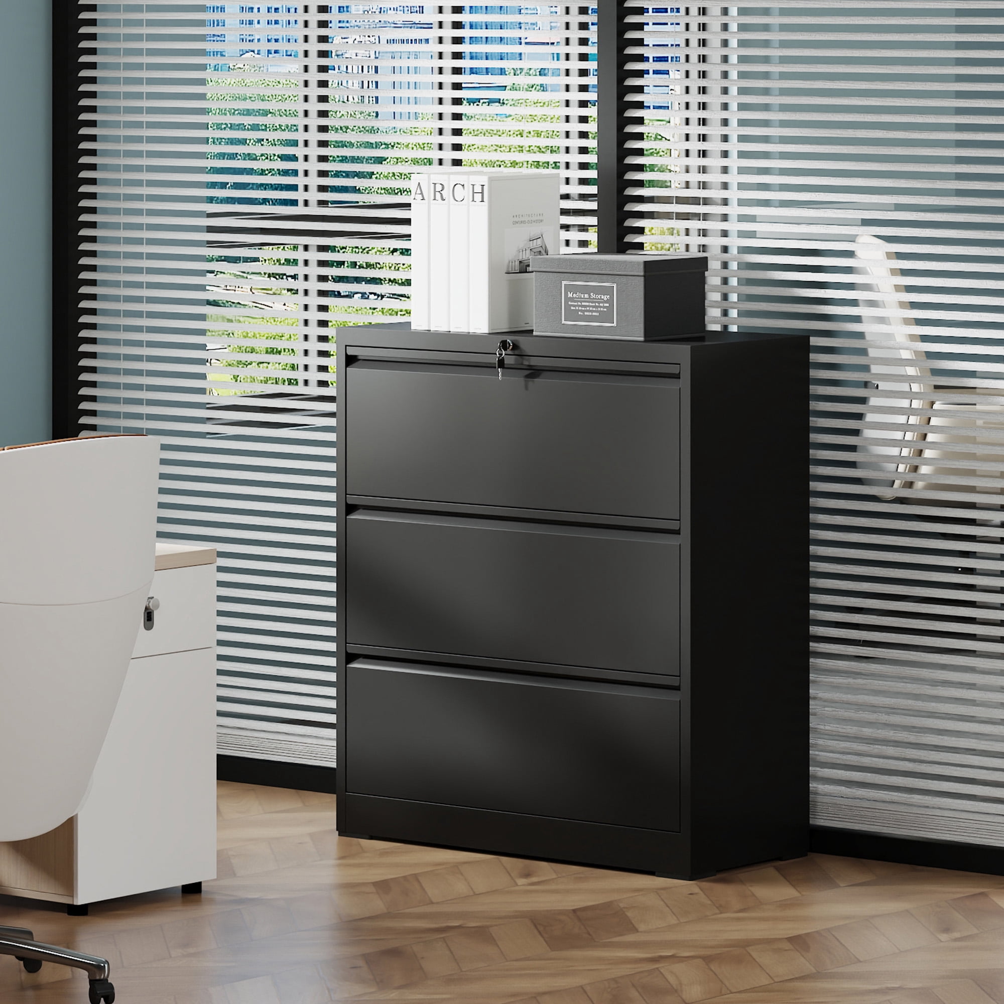 3 Drawer Lateral File Cabinet, 35.4 Inch Wide Metal Filing Cabinet, Locking Heavy Duty File Cabinet for Home Office, Anti-Tip Safety Interlock, Vertical Storage for Letter/Legal/A4 Files, Black