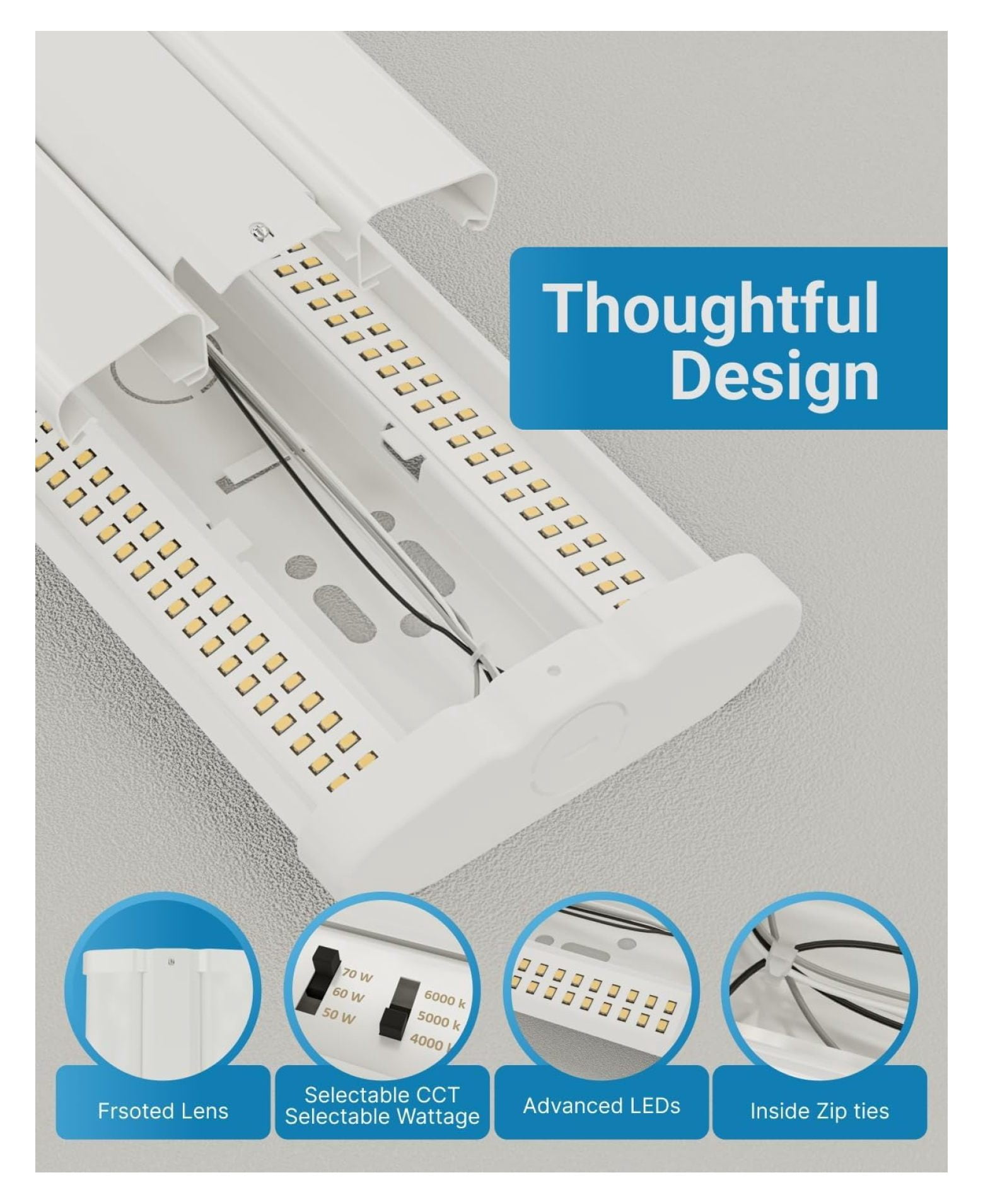 LED Shop Light 4ft Hardwired Surface Mount 8200LM Selectable 50W-70W Garage Workshop 2-Pack