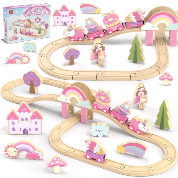 Train Set, 39 Pcs Wooden Train Set for Kids, Train Toy for Girls Boys 2 3 4 5 Year, Unicorn Train Track Set with 4 Magnetic trains & Accessories, Compatible with Other Brands