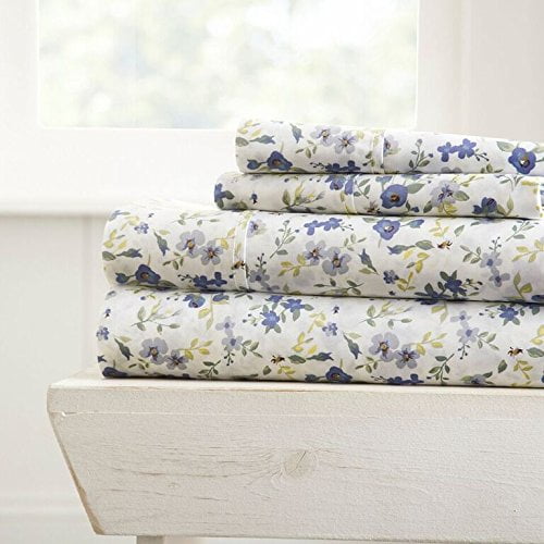 Becky Cameron Ensemble de 4 Feuilles à Motifs de Fleurs - Cal Très Grand - Bleu Clair