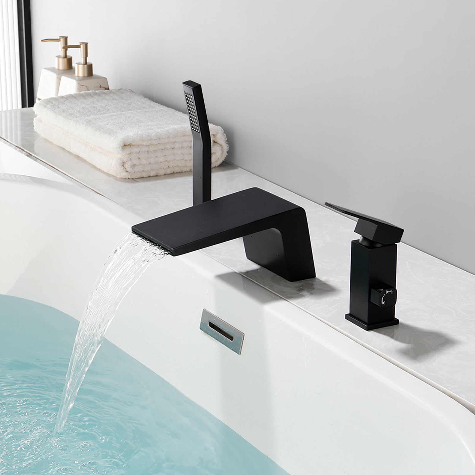 Cobbe Single Handle Bathroom Bathtub Faucet with 3.5-Inch Wide Waterfall Spout and Handheld Shower 3-Hole Deck Mount Matte Black