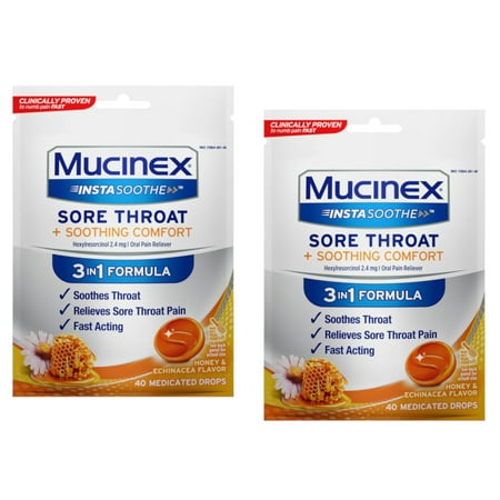 Mucinex InstaSoothe Sore Throat & Soothing Comfort Honey & Echinacea Flavor, 40 Medicated Drops - Pack of 2