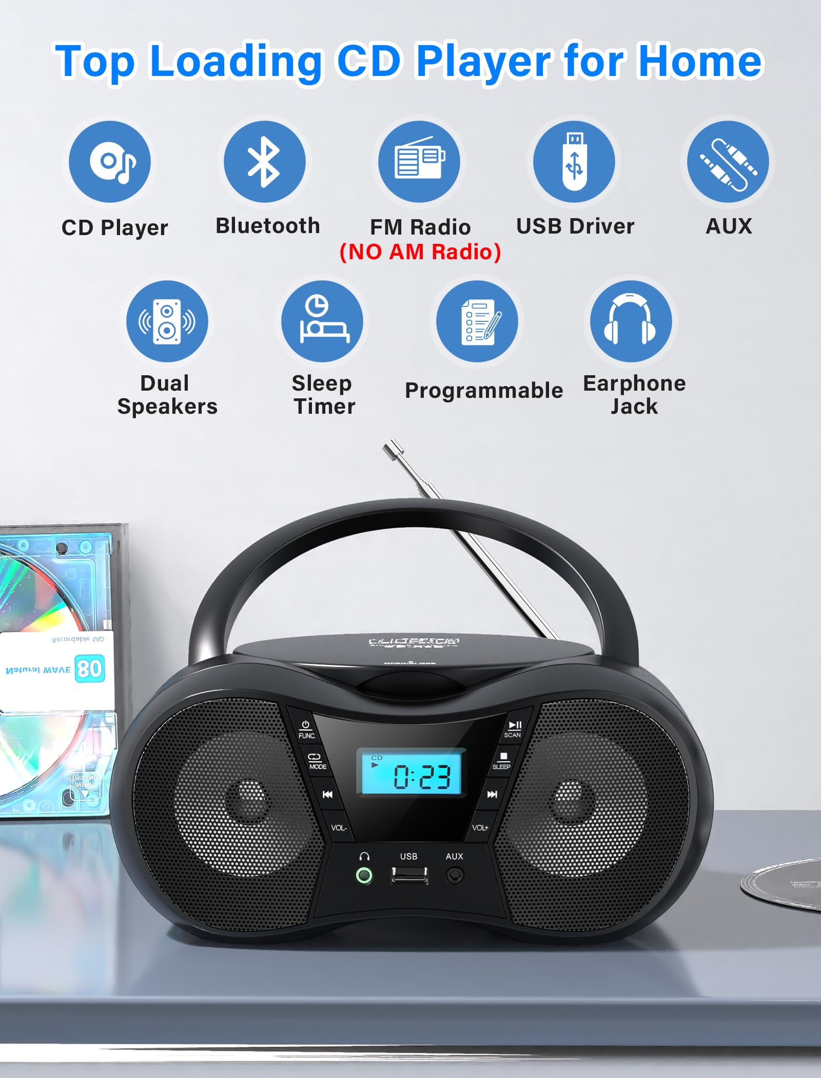 Greadio Portable CD Player Boombox with Bluetooth 5.1, FM Radio,Stereo Sound ,USB/AUX Input,AC/Battery Powered,CD/CD-R/CD-RW Compatible,3.5mm Headphone Jack,Sleep Timer for Home,Seniors,Kids