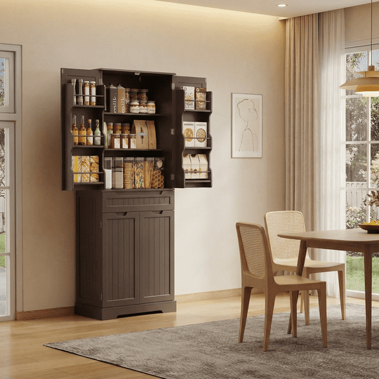Pantry Cabinet, Kitchen Storage Cabinet with 1 Drawer and 4 Doors for Kitchen, Dining Room - Dark Brown