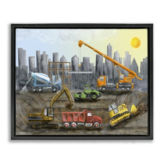 Stupell Industries Construction Trucks Skyline Transportation Painting Black Floater Framed Canvas Art Print Wall Art, 21 x 17