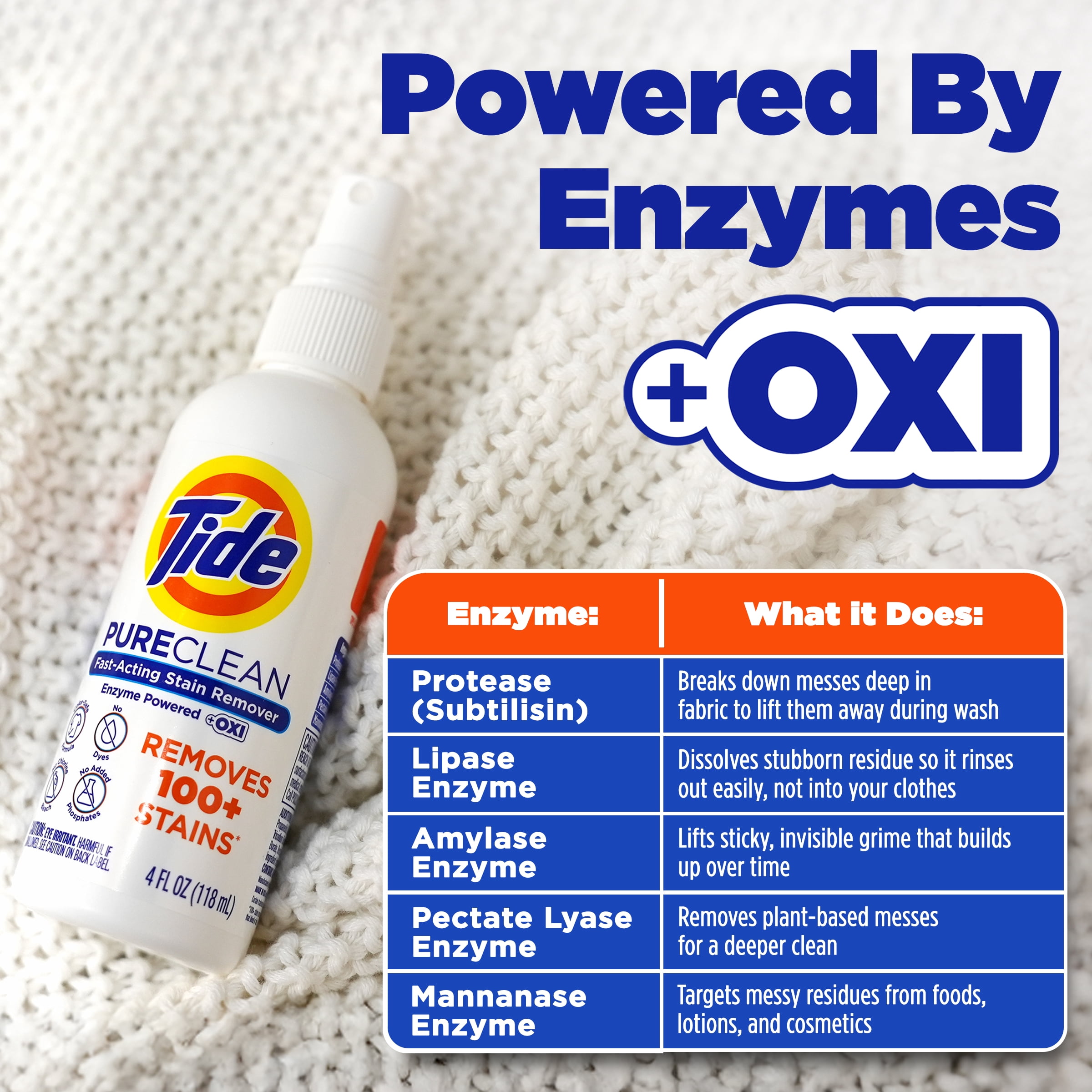 Tide PureClean Stain Remover, Enzyme Powered, With OXI, Fast-Acting and Color-Safe Formula, 4 fl oz