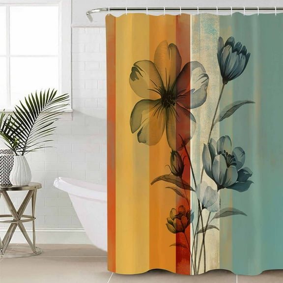 Floral Orange Waterproof Fabric Shower Curtain, Multicolor Striped Decadent Botanical Flower Shower Curtain for Bathroom Curtains Bathtubs Hotel Washable Shower Curtains with 12 Hooks Standard 66x72