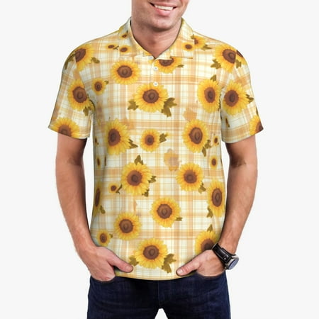 Zeuib Coffee Plaid Sunflower Print Men s Athletic Fit Golf Polo Shirt Performance Golf Shirt for Men Button Down Golf Shirts Fashion Polo Shirt-3X-Large
