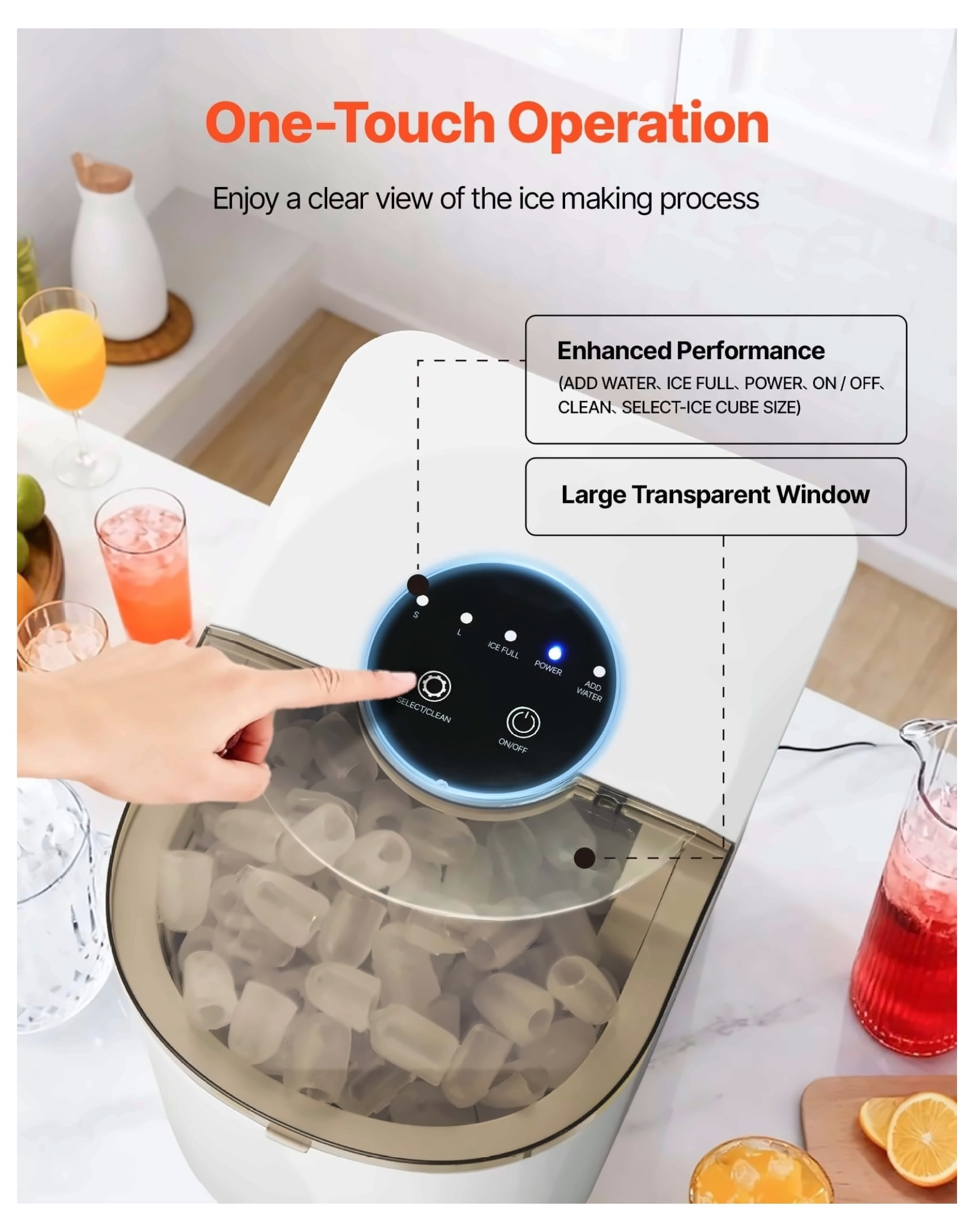 Countertop Ice Maker - 26lbs/Day, 6 Mins Ice, Self-Cleaning, Portable Ice Machine with Scoop - Small/Large Bullet Ice for Home, Kitchen, Bar, Office