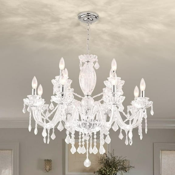 Maxax 12-Light Chrome Crystal Chandelier, Modern Pendant Light with Adjustable Chain, E12 Base for Dining Room