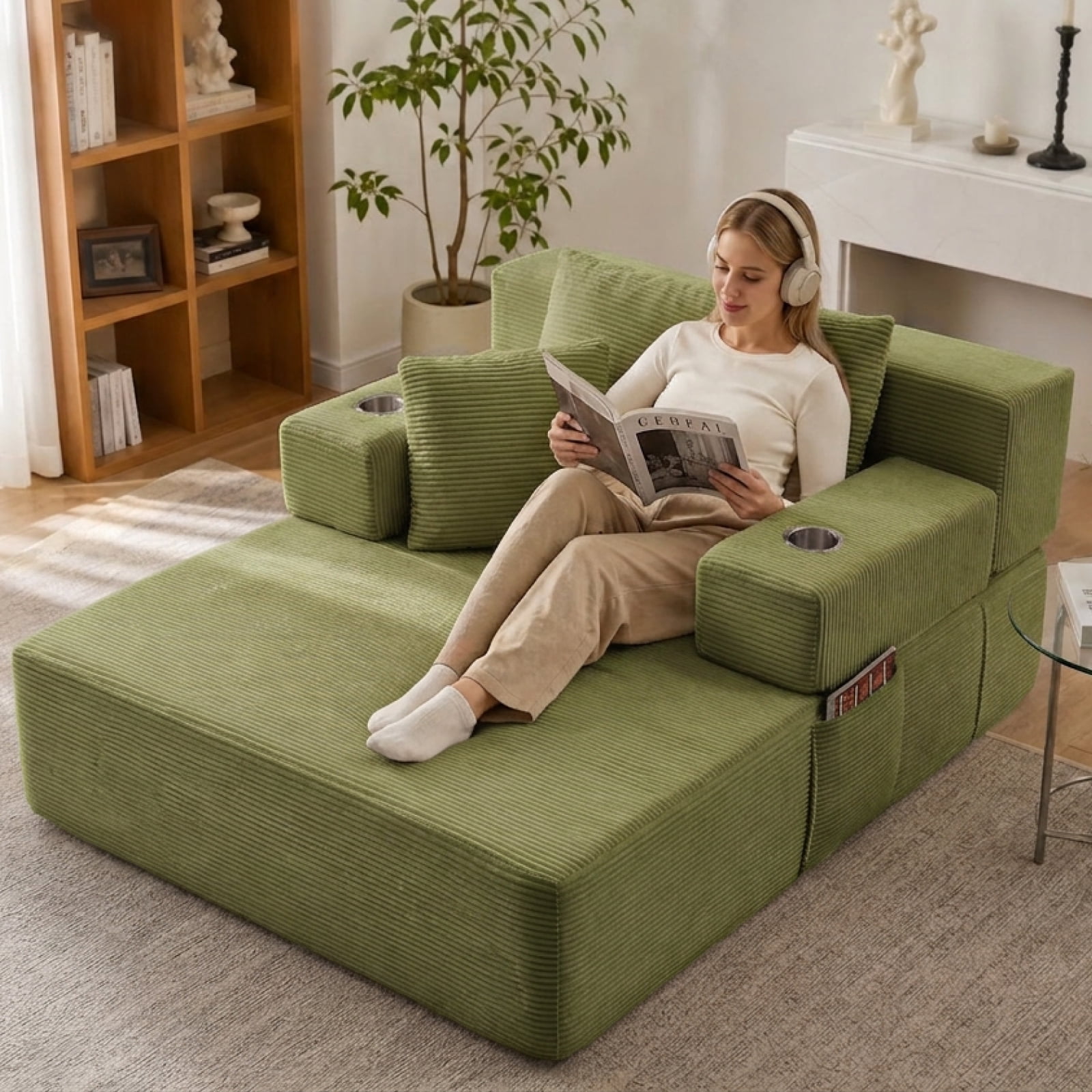 48" Wide Luxurious Corduroy Chaise Lounge with 3 Pillows, 71" Convertible Sofa Bed with Storage Pocket and Cup Holders