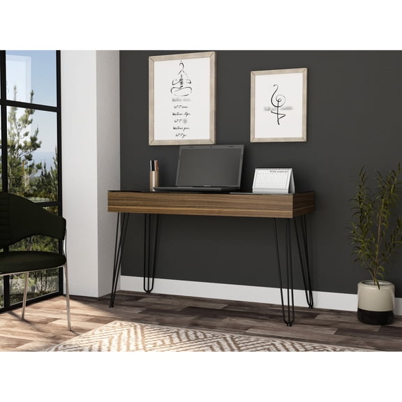 Industrial style desk with glass top and open storage / For office workstations