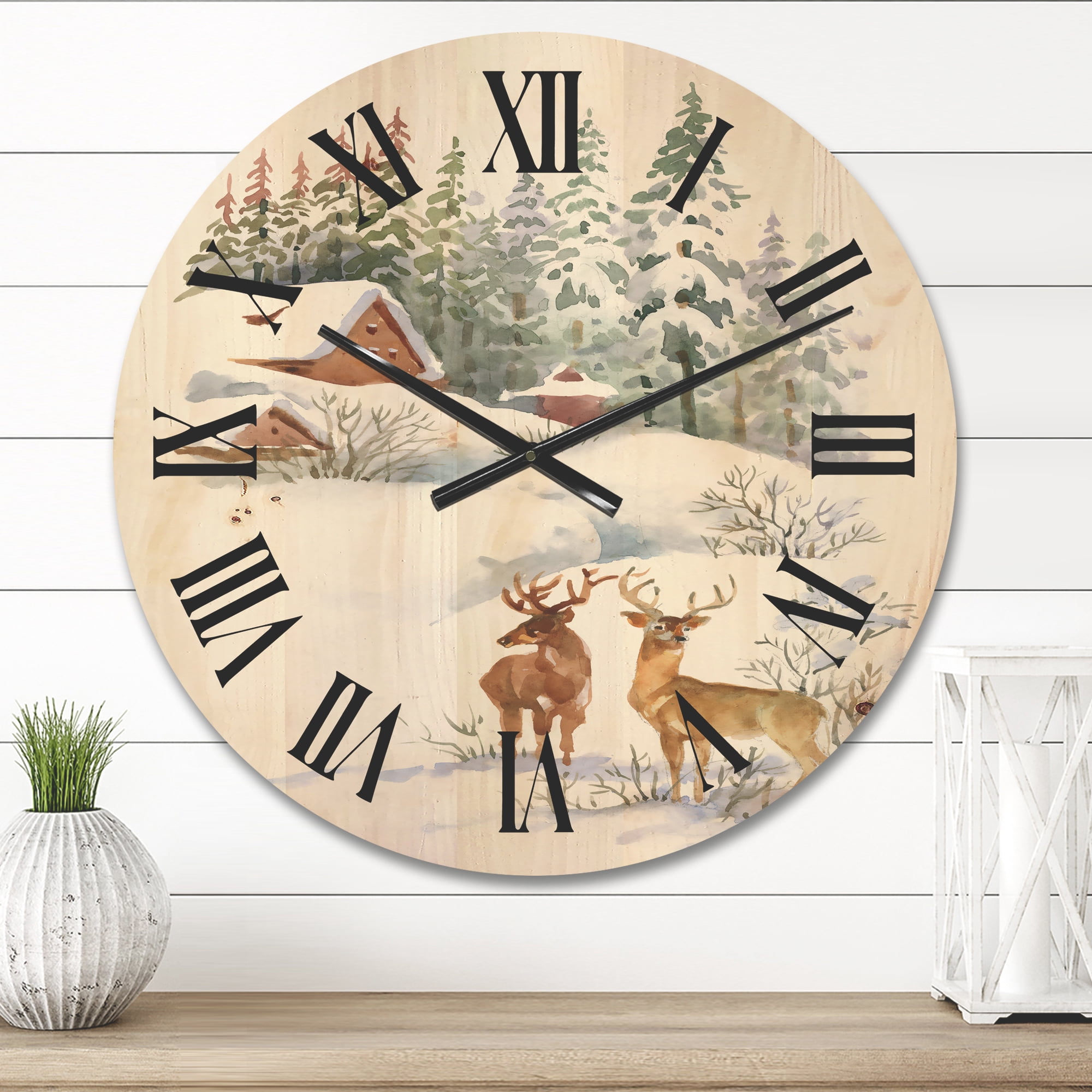 Designart 'Two Deers With Winter Cottage' Farmhouse Wood Wall Clock
