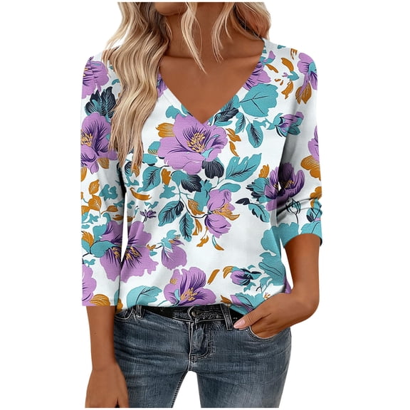 3/4 Sleeve Tops for Women Dressy Women's Fashion Floral Printed T-Shirt 3/4 Sleeves Blouse V-Neck Casual Loose Top Purple XXL