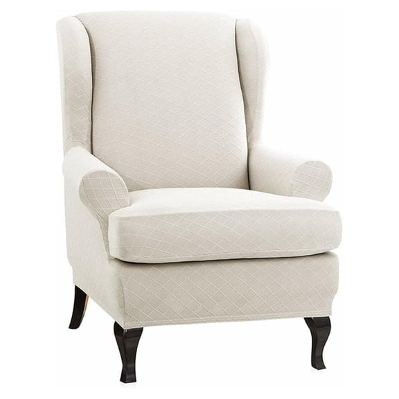 Wing Chair Slipcovers Couch Covers, Soft Rhombus Jacquard Polyester Spandex Fabric Wingback Slipcover 2 Pieces Chair Covers Furniture Protector for Living Room (Beige)