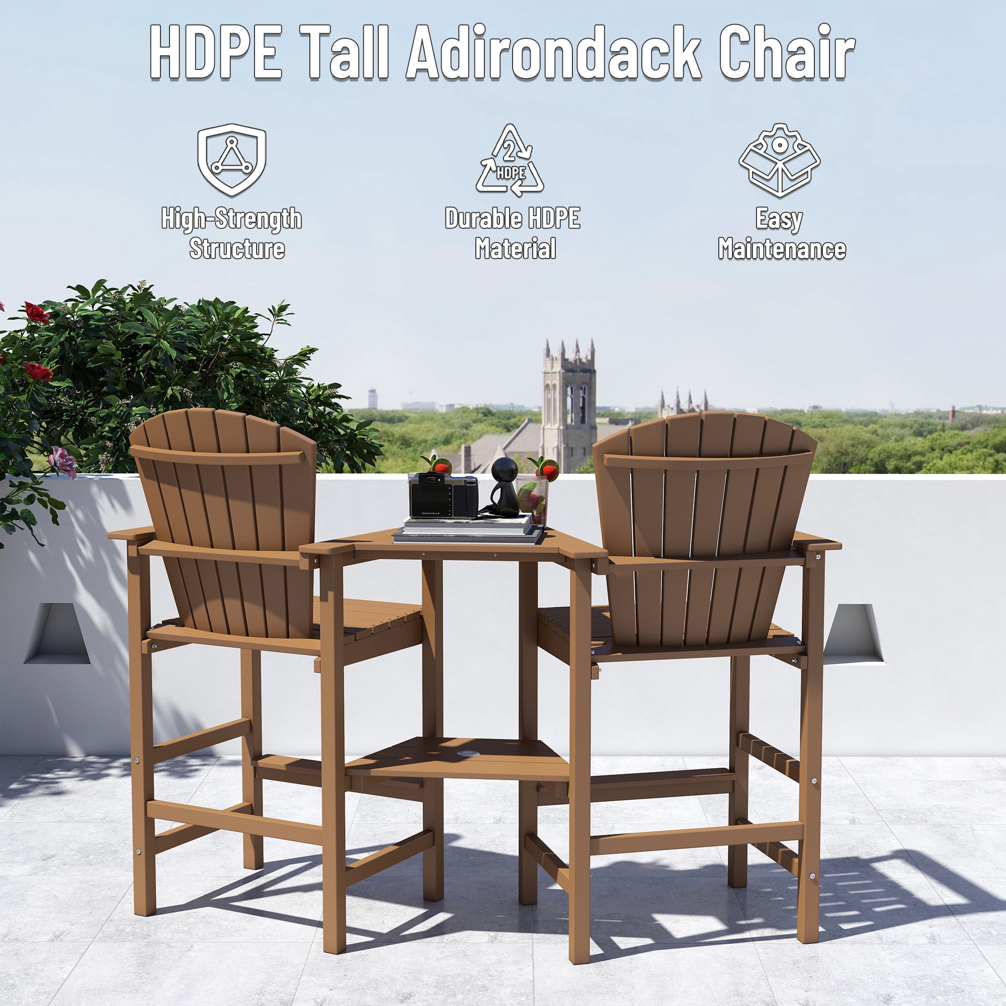 FOOWIN Tall Adirondack Chair Set of 2, HDPE All-Weather Adirondack Bar Stools with Connecting Tray,  Teak